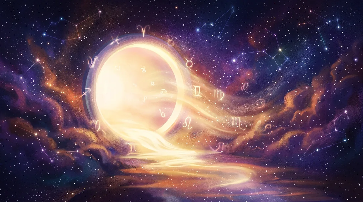 Representação artística do cosmos com uma porta aberta entre estrelas e constelações sugerindo novas oportunidades e coragem em 2026.