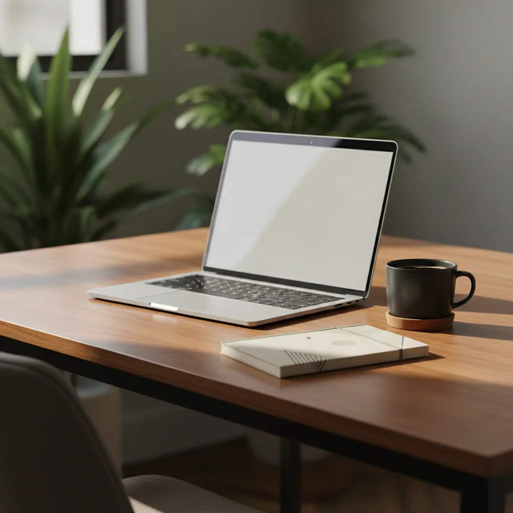 Profissional trabalhando em um notebook em um ambiente moderno de escritório em casa, representando trabalho remoto e freelancer.