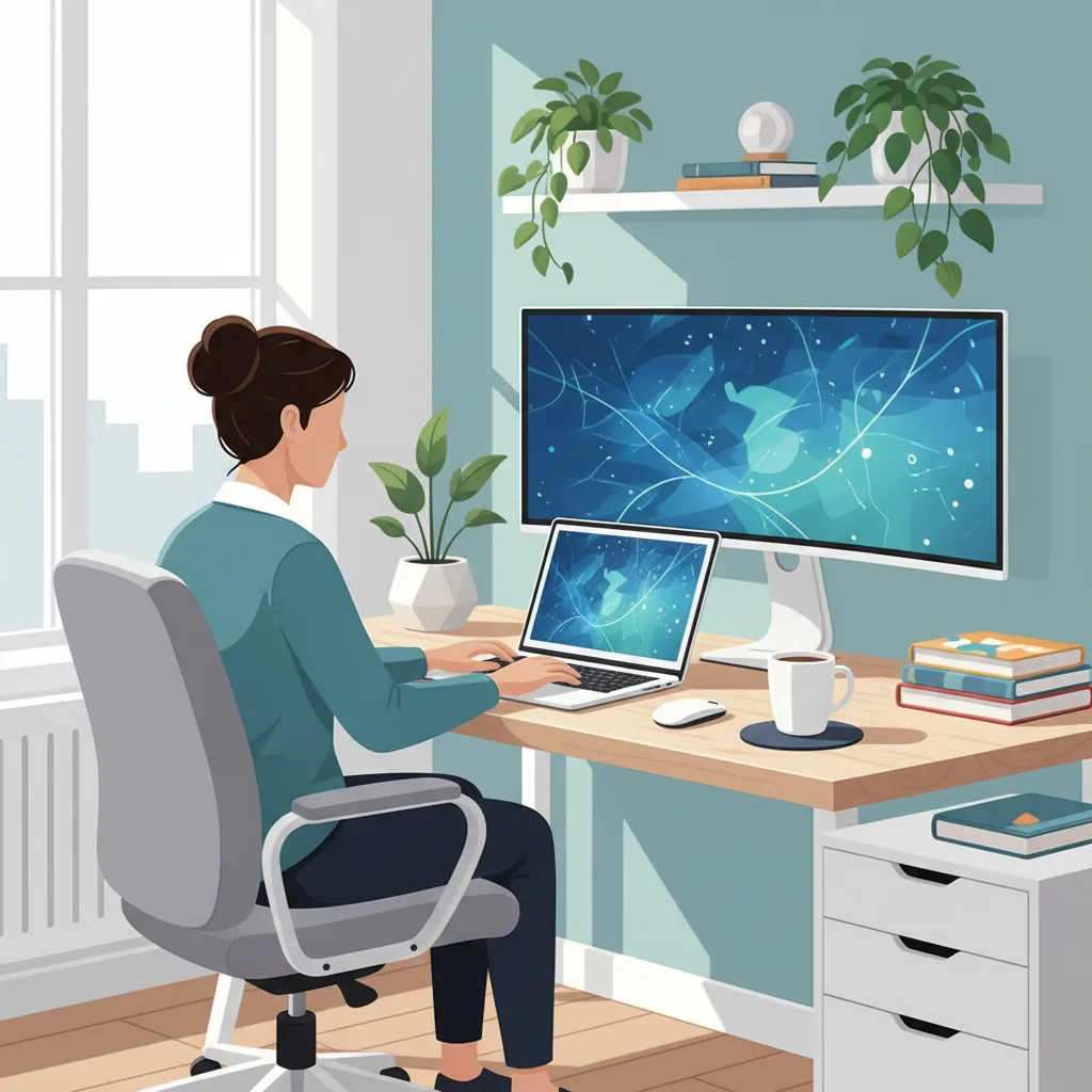 Pessoa trabalhando em um home office organizado com laptop, simbolizando lucratividade