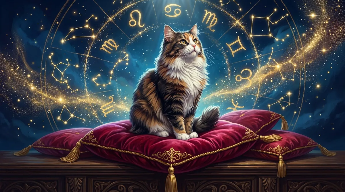 Ilustração artística de um gato místico sentado sob um céu estrelado com constelações do zodíaco brilhando ao fundo.