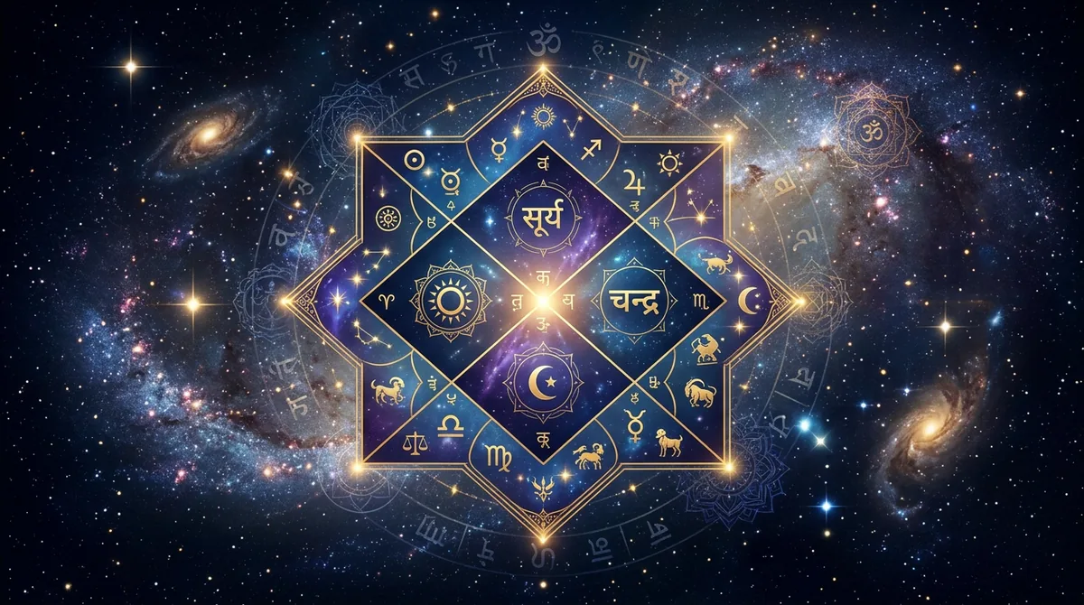 Ilustração mística do horóscopo védico com constelações e símbolos astrológicos indianos sobre um fundo cósmico em tons de azul e dourado.