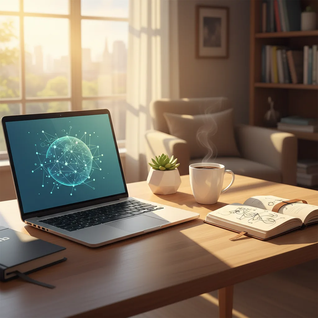 Pessoa trabalhando em laptop em ambiente home office moderno com luz natural representando renda extra online em 2026.
