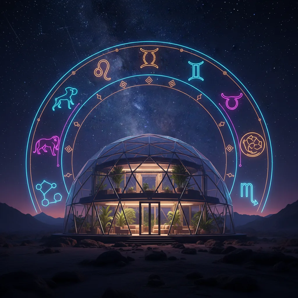 Ilustração mística mostrando os signos do zodíaco orbitando a icônica casa do reality show em 2026.