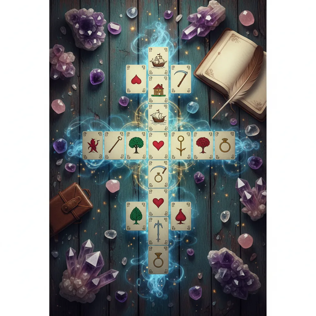 Layout do Tarot Cigano em uma mesa mística com cristais