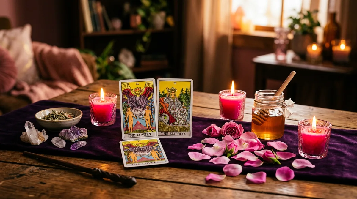 Cartas de tarô cercadas por pétalas de rosas cor-de-rosa e velas acesas para atrair amor em 2026.