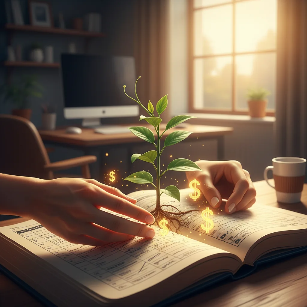 Mãos cuidando de uma pequena planta brotando de um livro contábil, simbolizando o crescimento de renda extra para negócio principal em 2026.