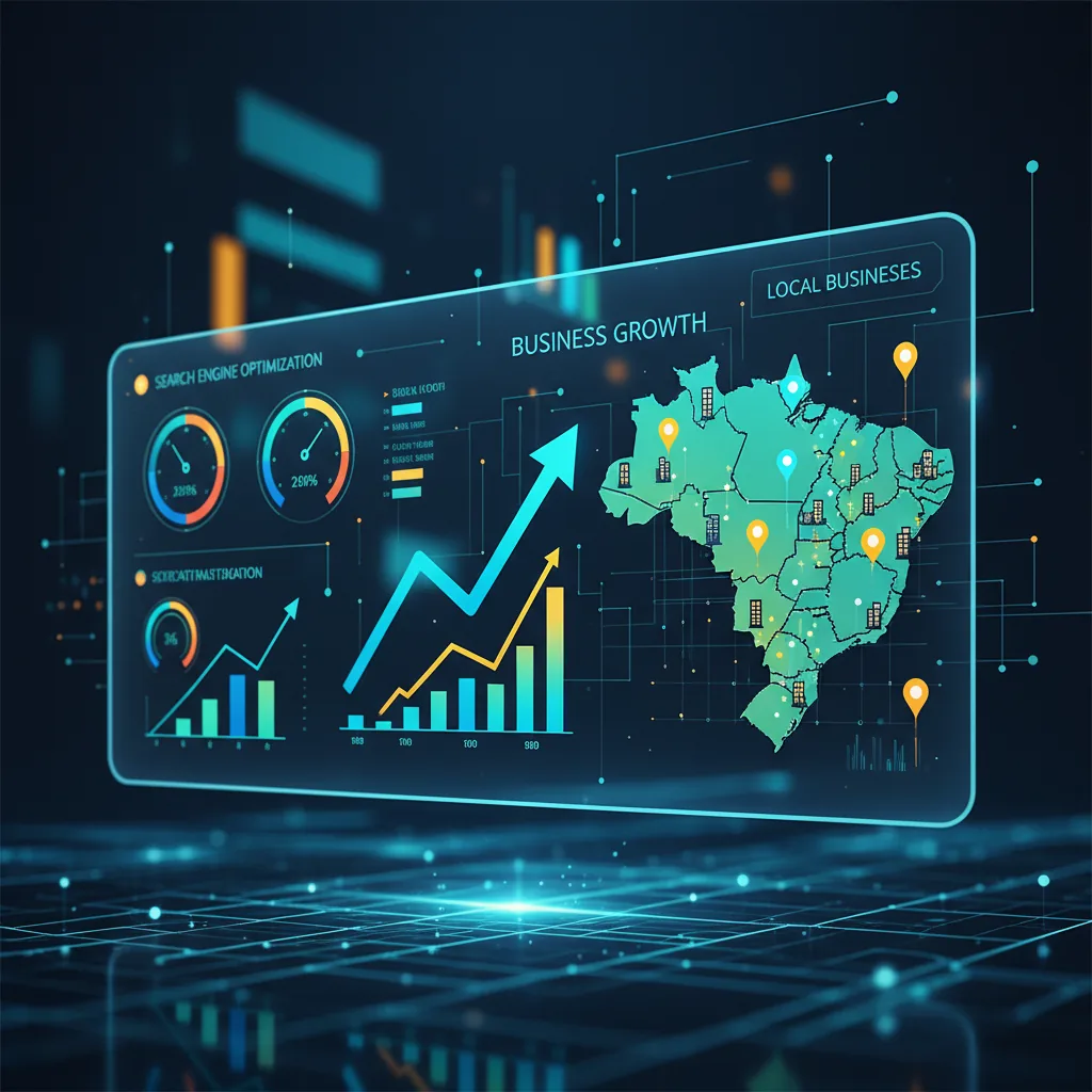 Painel de marketing digital com métricas de SEO e crescimento para PMEs brasileiras