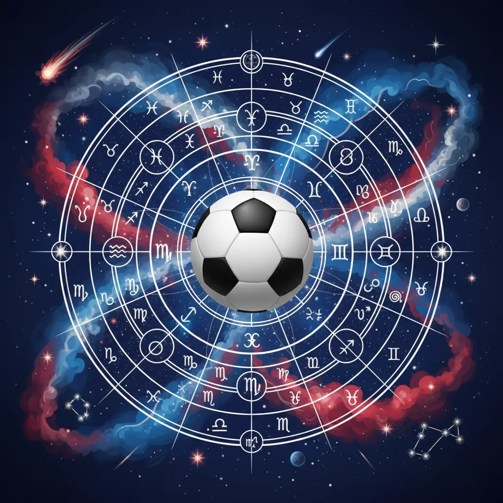 Gráfico astrológico com bola de futebol no centro, cores da bandeira francesa e elementos cósmicos, representando a controvérsia de Raymond Domenech