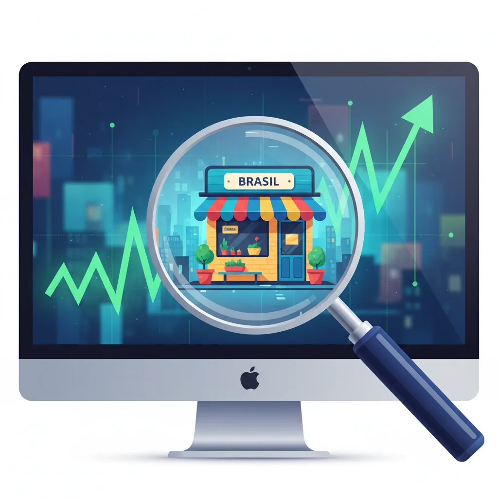 Ilustração de um computador mostrando um guia de SEO para pequenas empresas, com uma lupa e um gráfico de crescimento.