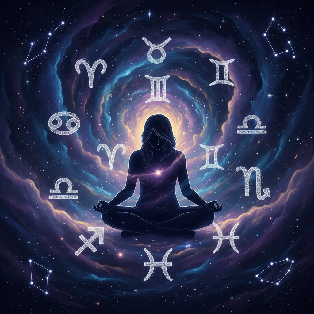 Ilustração mística mostrando uma pessoa cercada por constelações zodiacais, simbolizando cansaço e conexão astral
