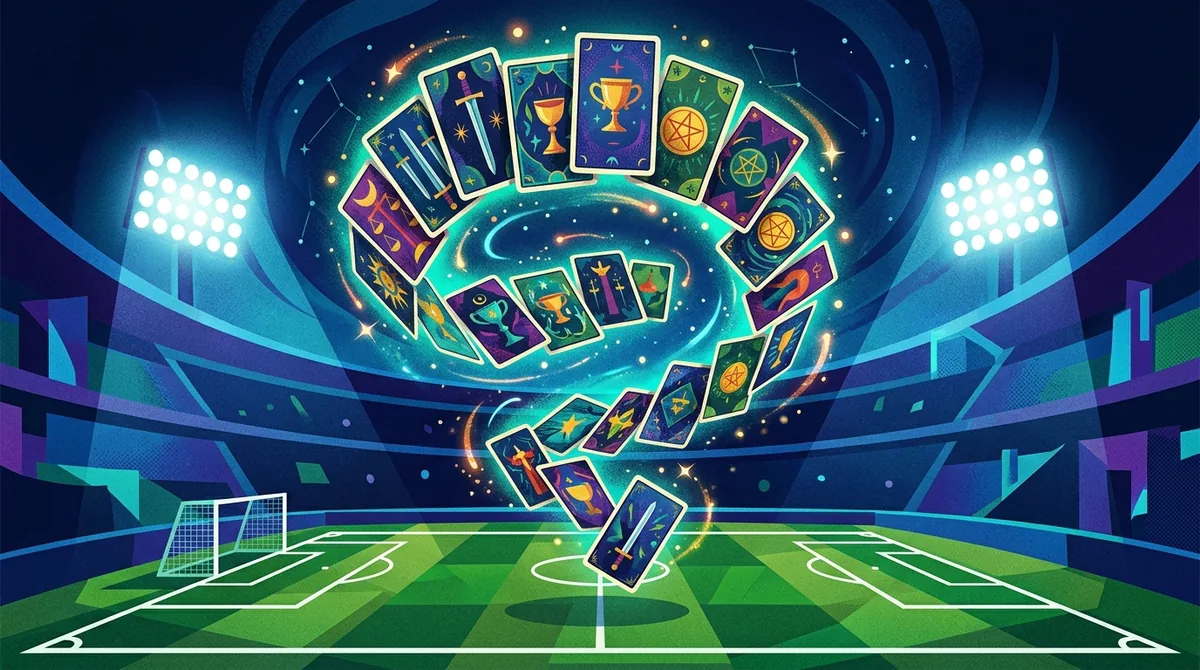 Ilustração artística de cartas de tarô flutuando sobre um gramado de estádio de futebol estilizado, com luzes de refletores ao fundo.