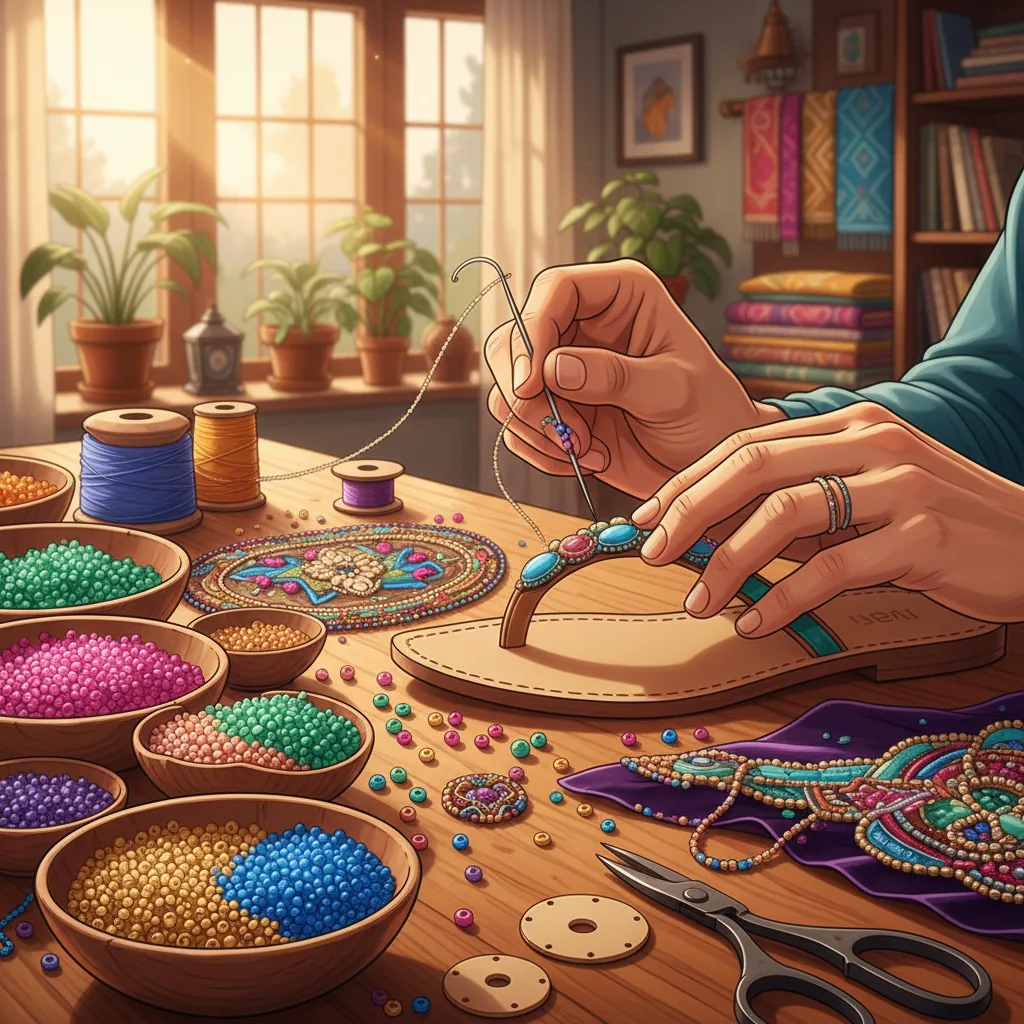 Mulher customizando sandálias com bordados e miçangas, gerando renda extra.