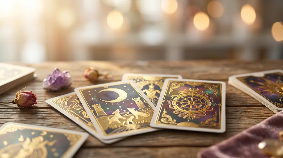 Cartas de tarô douradas sobre mesa de madeira com luz solar filtrada, simbolizando sorte e prosperidade em 2026.