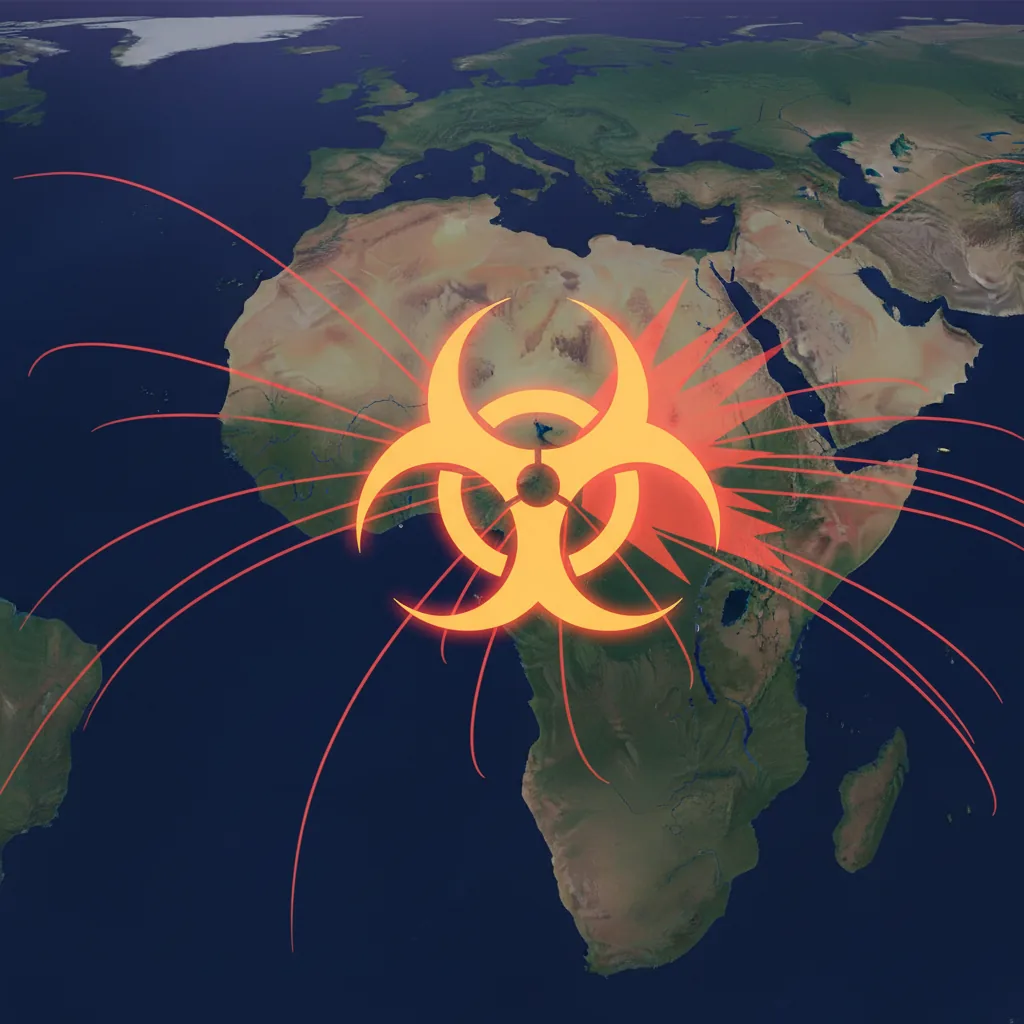 Mapa da África central com símbolo de risco biológico, ilustrando a suspensão de vistos dos EUA por Ebola em 2026.