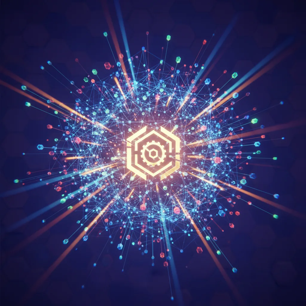 Ilustração abstrata de uma rede neural destacando um logo de empresa, simbolizando o reconhecimento e recomendação por IA