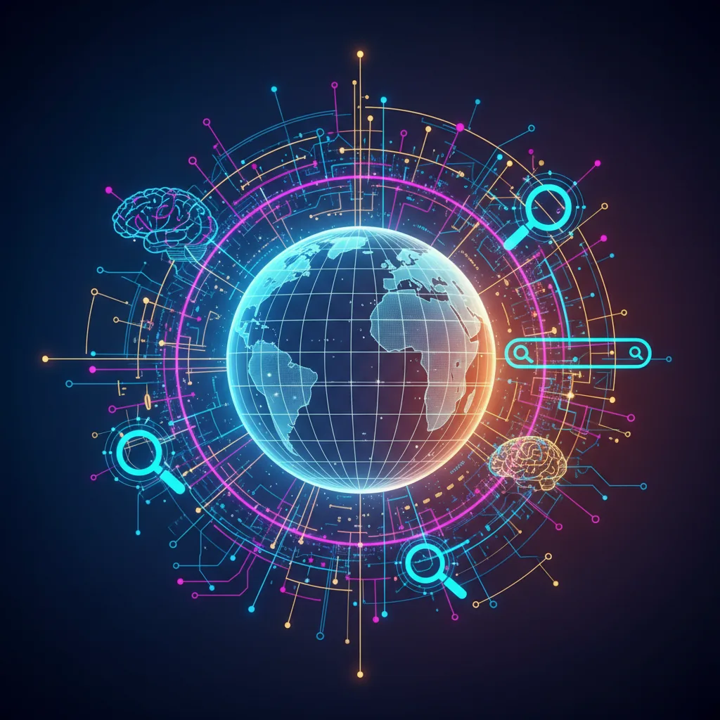 Ilustração do BlogAI representando a integração entre SEO, GEO e AEO para a busca de 2026.