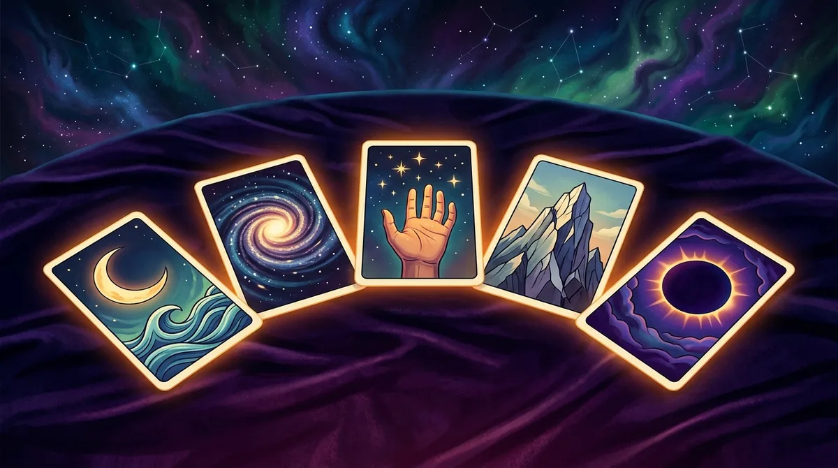 Ilustração artística de cinco cartas de tarô flutuando sobre uma névoa cósmica representando os desafios dos signos.