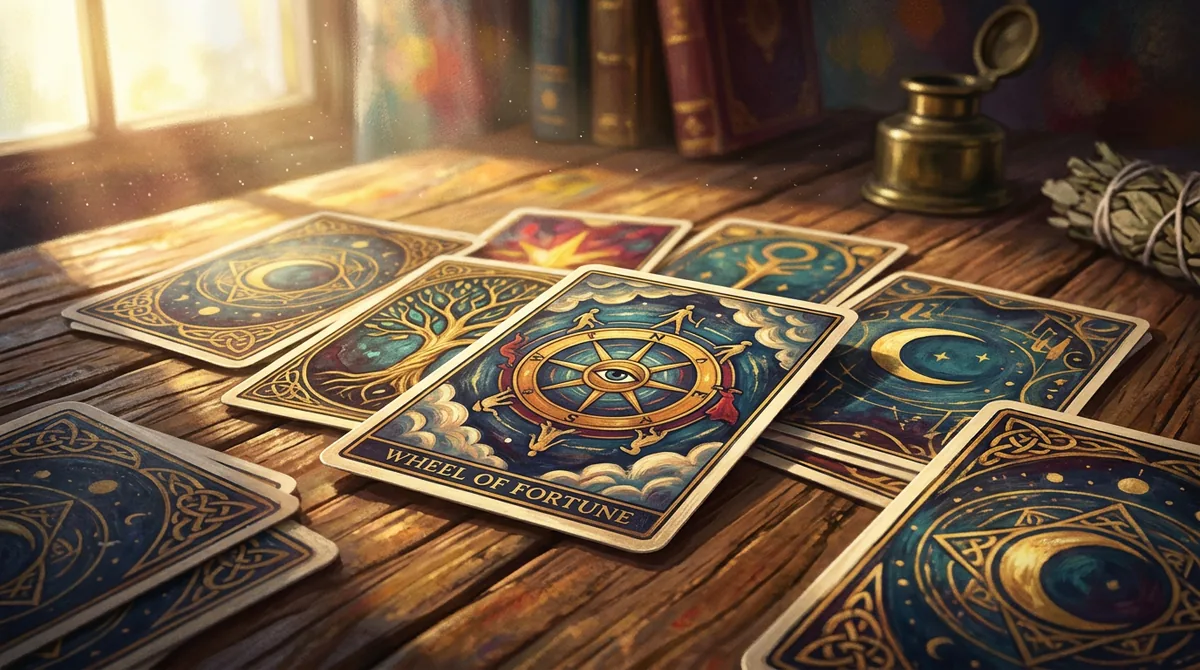 Cartas de tarô sobre uma mesa de madeira com luz solar, representando uma virada importante na vida em 2026.