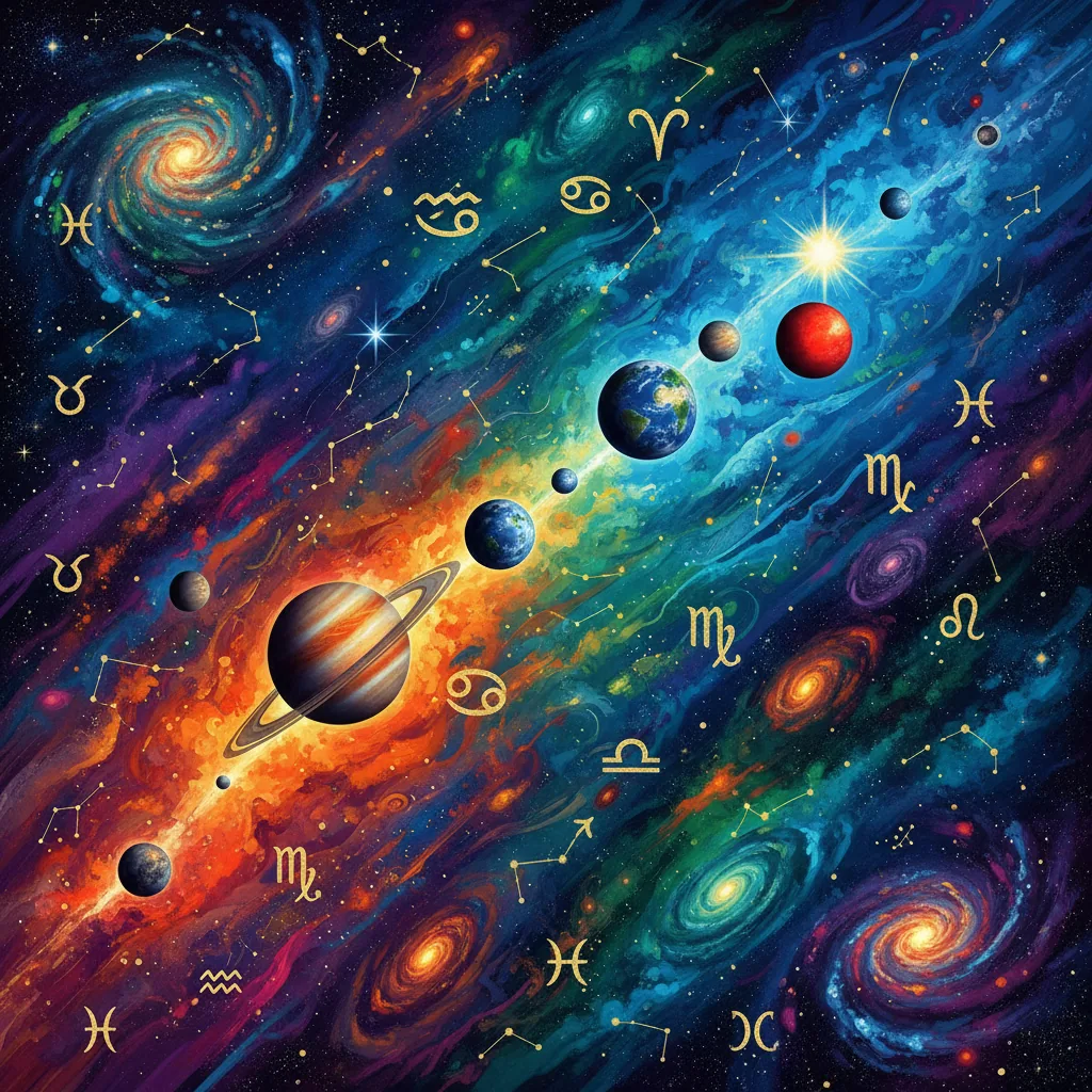 Representação abstrata de um mapa astral com símbolos astrológicos e planetas alinhados