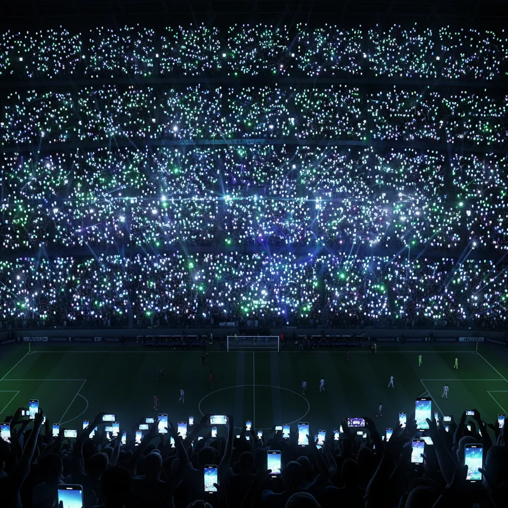 Imagem aérea de um estádio de futebol lotado, ilustrando o conceito de turismo esportivo e a necessidade de conectividade.