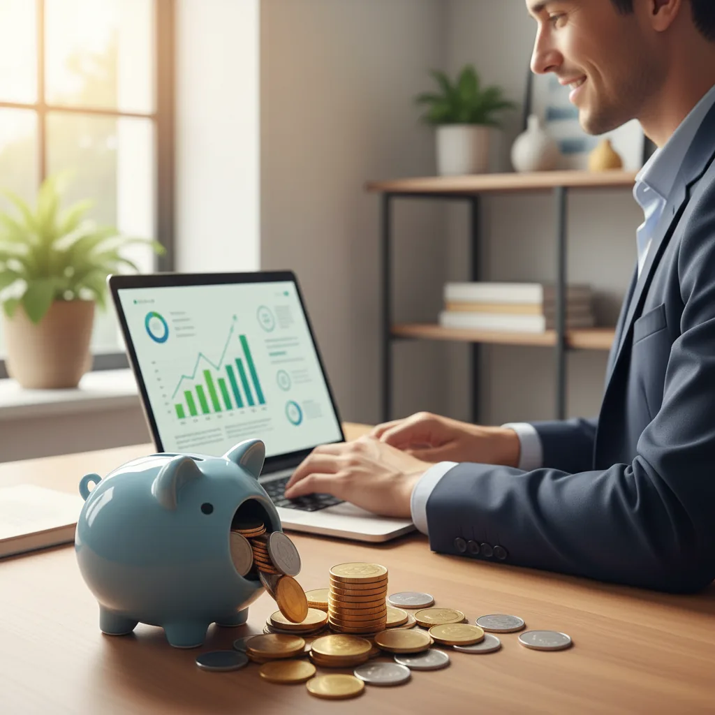 Pessoa controlando finanças e buscando renda extra no laptop, com cofrinho e moedas