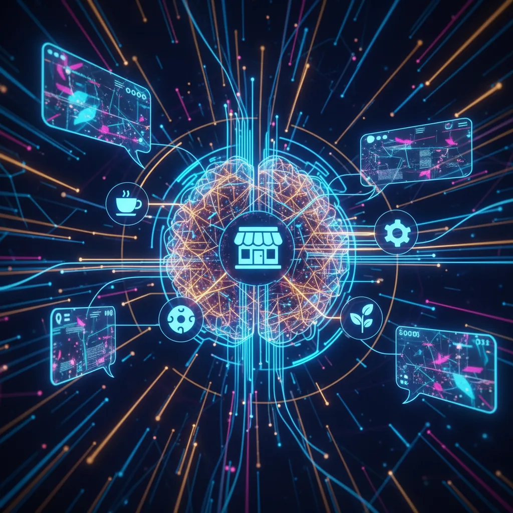 Ilustração conceitual de conexões digitais conectando uma marca brasileira a interfaces de inteligência artificial em 2026.