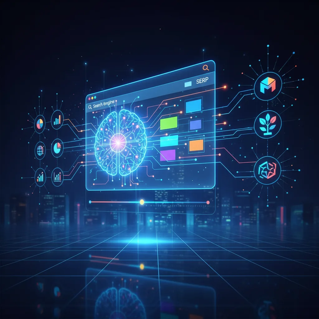 Representação visual de inteligência artificial otimizando SEO com dados e ícones de IA generativa