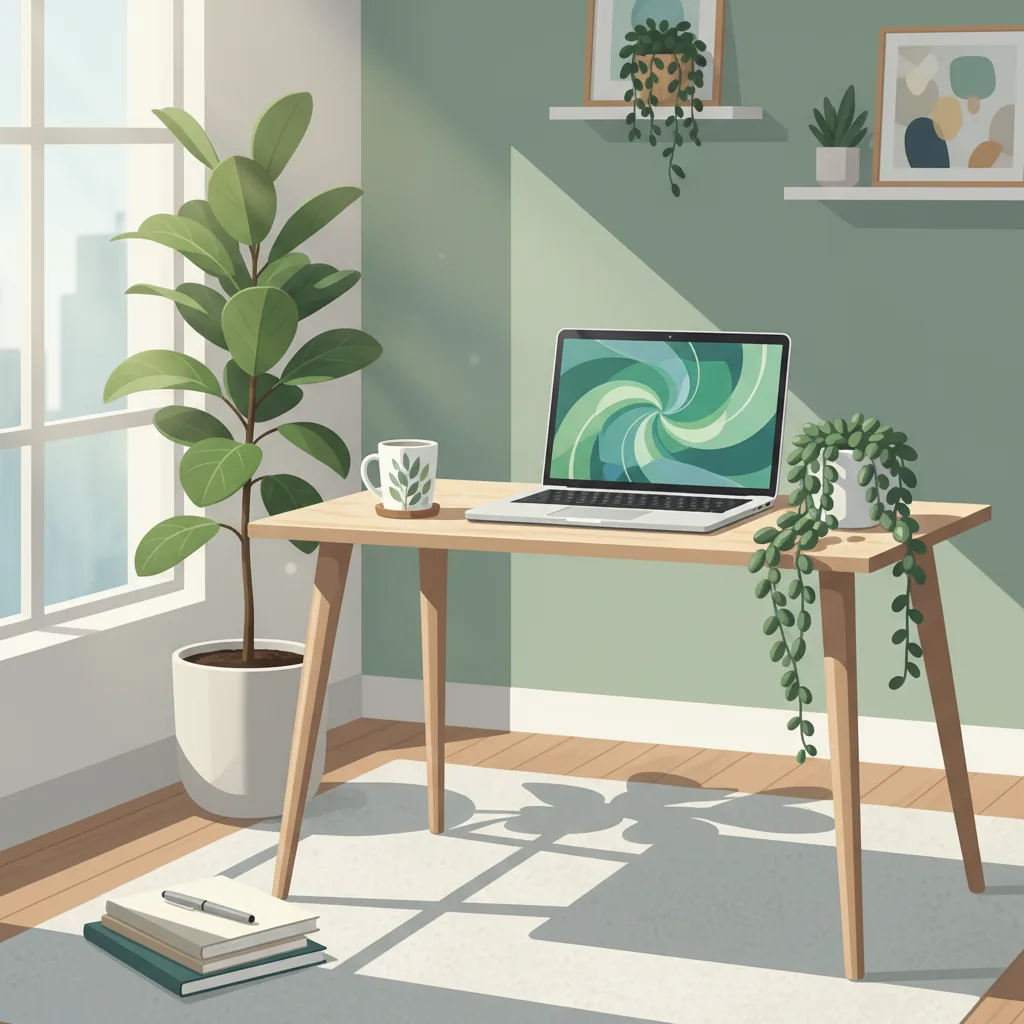 Mesa de home office organizada com laptop e plantas. Ambiente calmo e produtivo para trabalhar de casa.