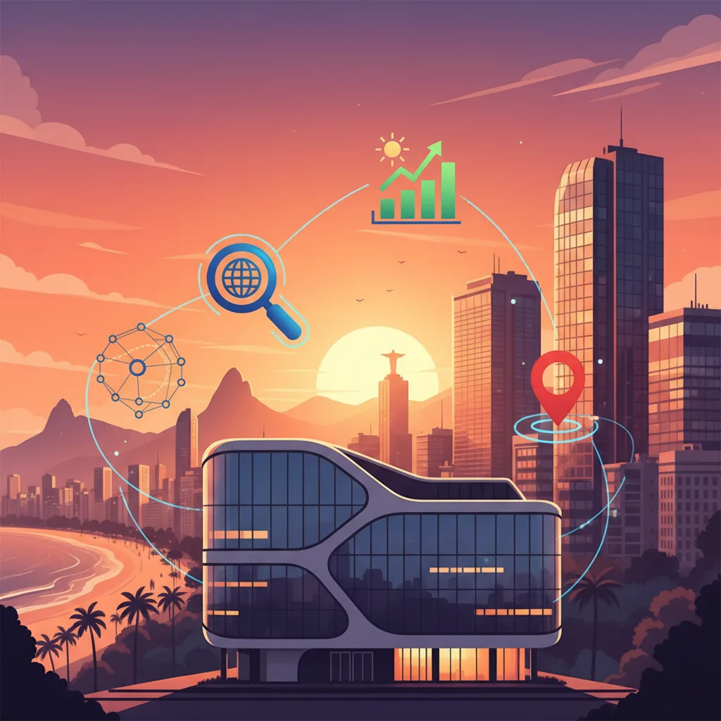 Ilustração de prédio de PME com elementos digitais de SEO e mapa do Brasil estilizado