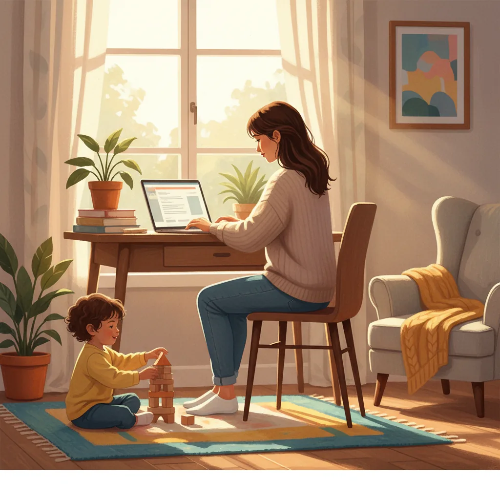 Mãe trabalhando em casa com filho brincando ao lado, ilustrando a maternidade real como renda extra