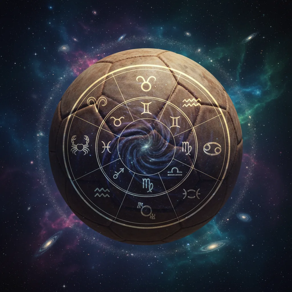 Bola de futebol clássica com símbolos de astrologia e do zodíaco sobrepostos, representando a astrologia na seleção francesa.
