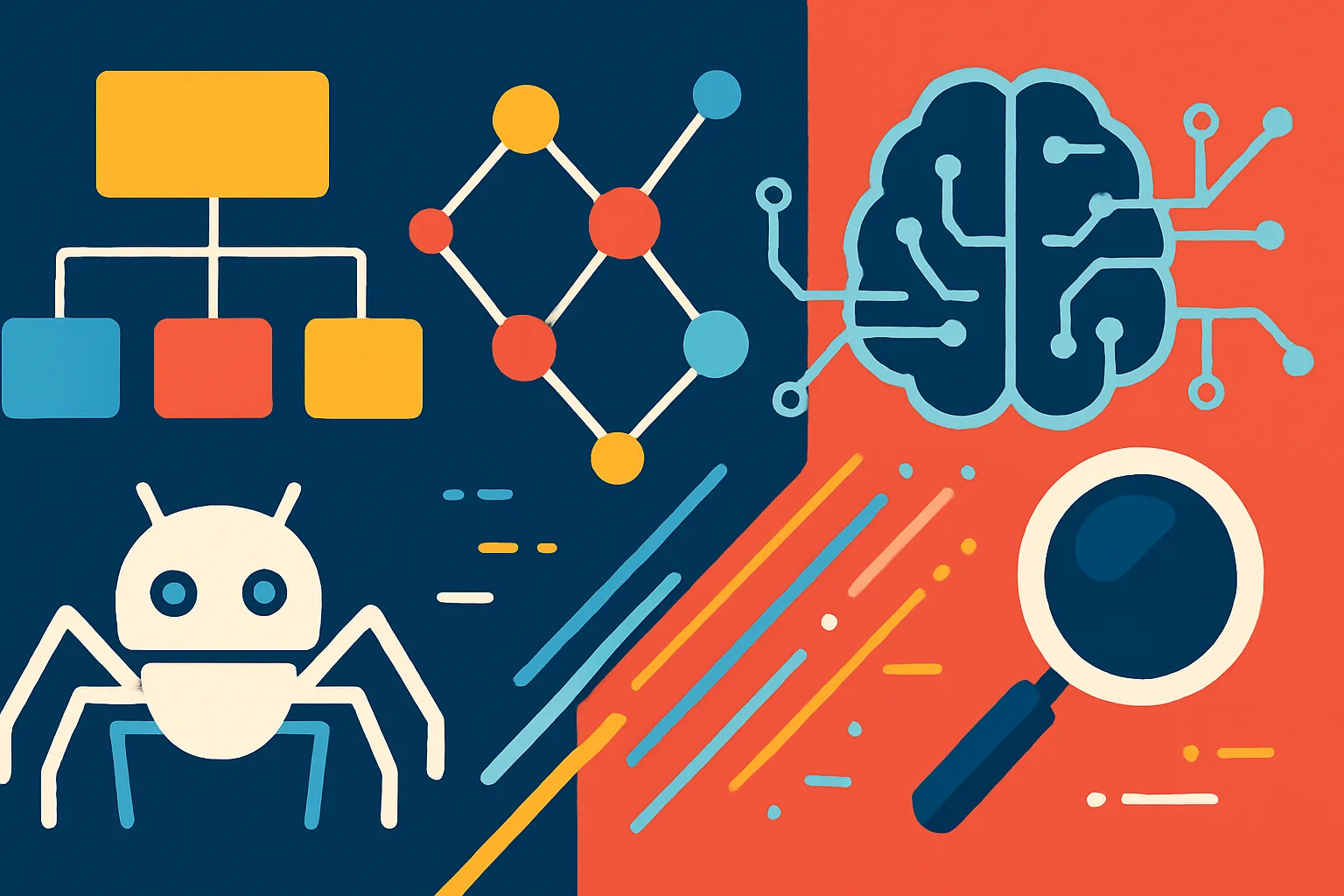 Ilustração de radar SEO e IA com sitemap para crawling