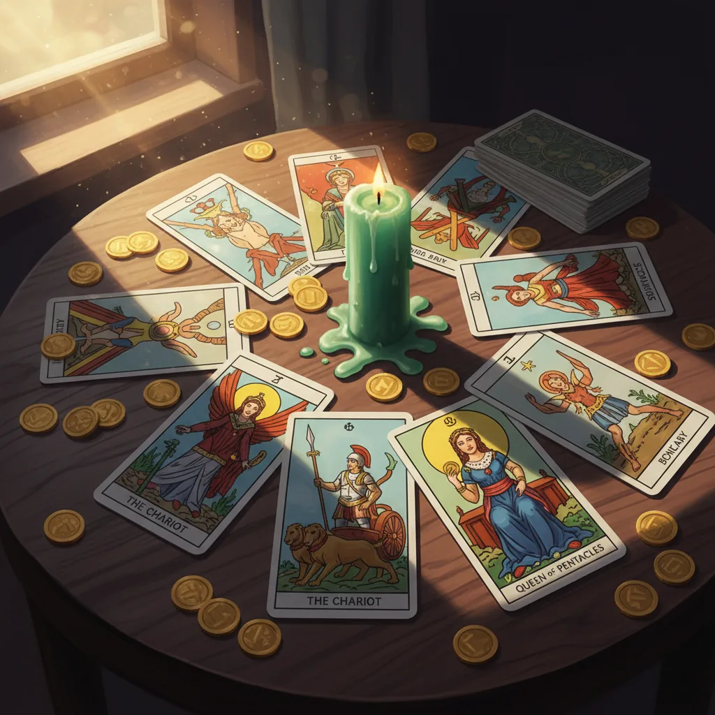 Mãos de uma cartomante sobre mesa de madeira com cartas de tarô e elementos de prosperidade como moedas e cristais, luz solar suave de maio.