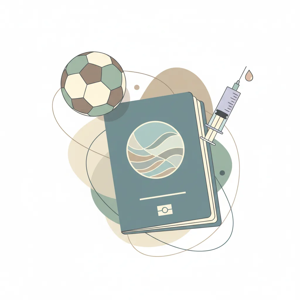 Ilustração sobre a importância da vacina de sarampo para a Copa 2026, mostrando um passaporte e uma seringa.