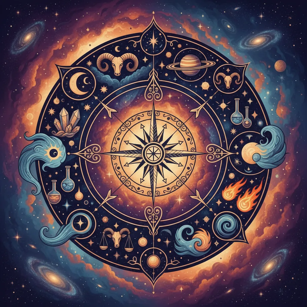 Diversos símbolos místicos e corpos celestes representando os diferentes caminhos da astrologia. Um mapa astral ao fundo.