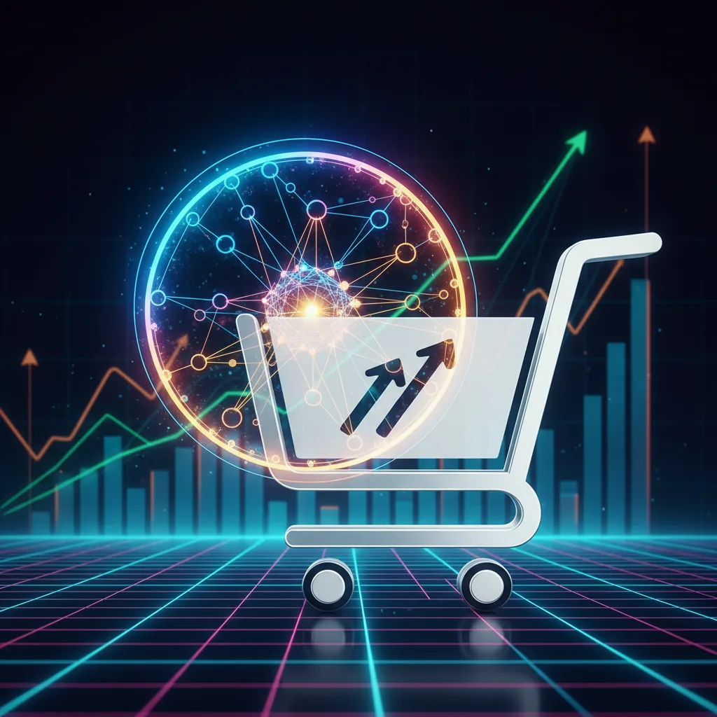 Ilustração conceitual de SEO para Shopify com IA, mostrando um ícone de rede neural sobre um carrinho de compras.