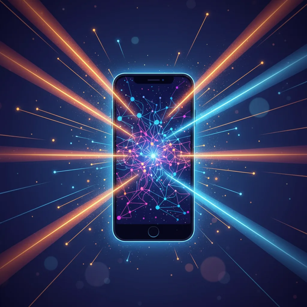 Um smartphone exibindo uma rede neural brilhante, simbolizando como ChatGPT e empresas competem pela atenção digital em 2026.