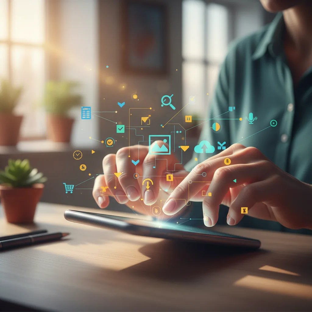 Mãos digitando em um laptop ou smartphone, com ícones de microtarefas ao redor