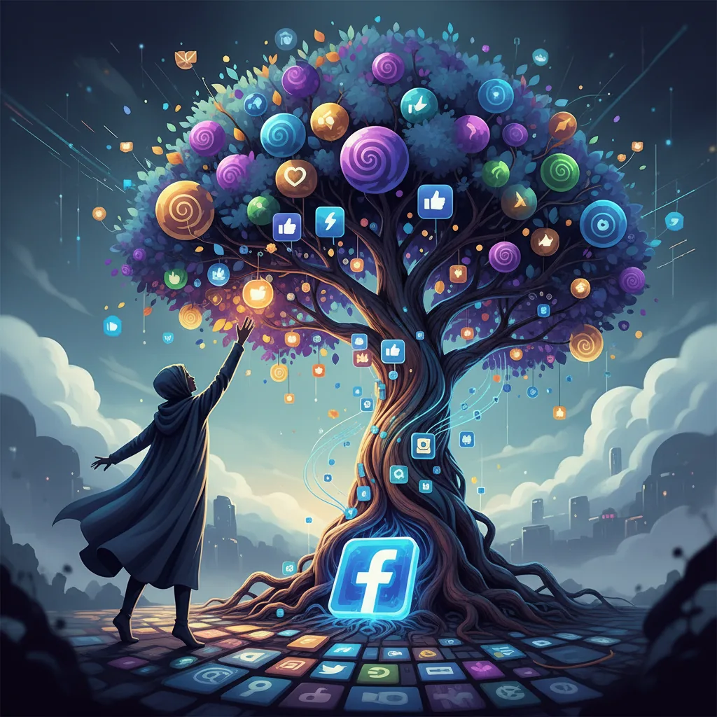 Pessoa colhendo tráfego orgânico no Facebook de uma árvore figurativa