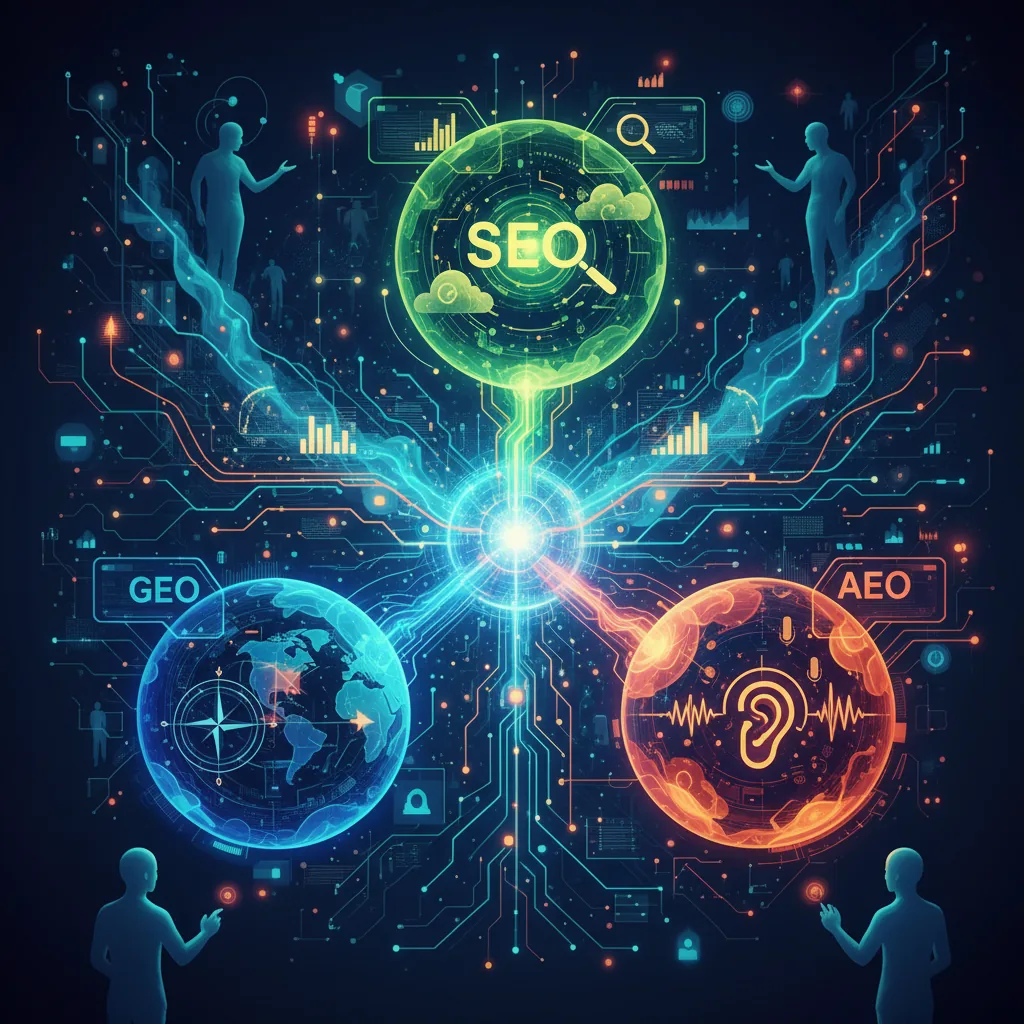 Representação visual de inteligência artificial gerando conteúdo otimizado para SEO, GEO e AEO