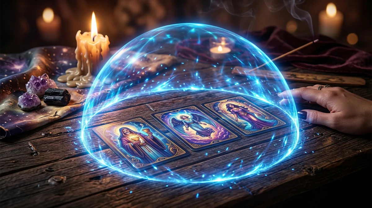 Cartas de tarô iluminadas por uma aura azul de proteção espiritual, combatendo sombras ao redor.