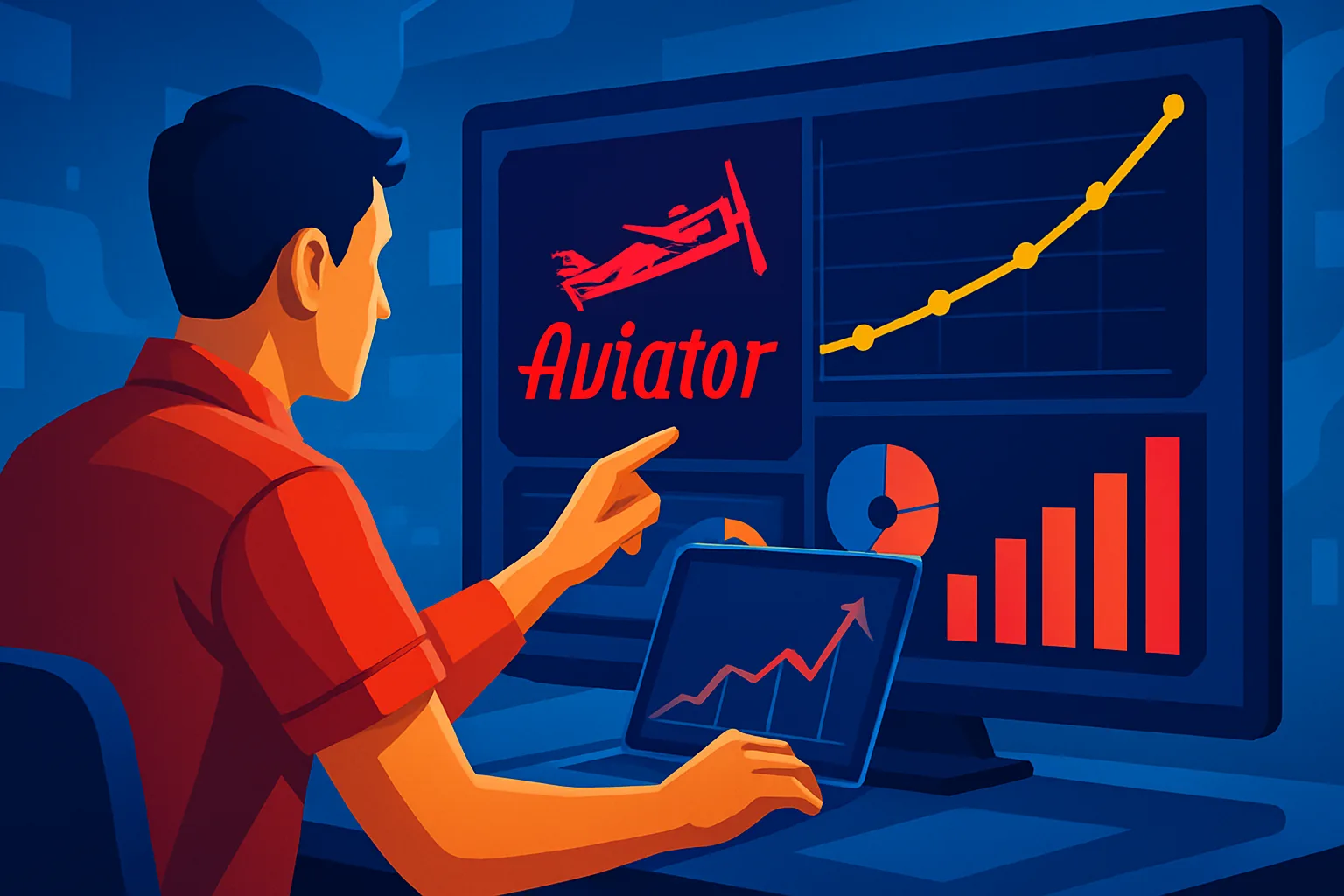 Pessoa estudando estatísticas do Aviator em tela digital, com ambiente de apostas online ao fundo.