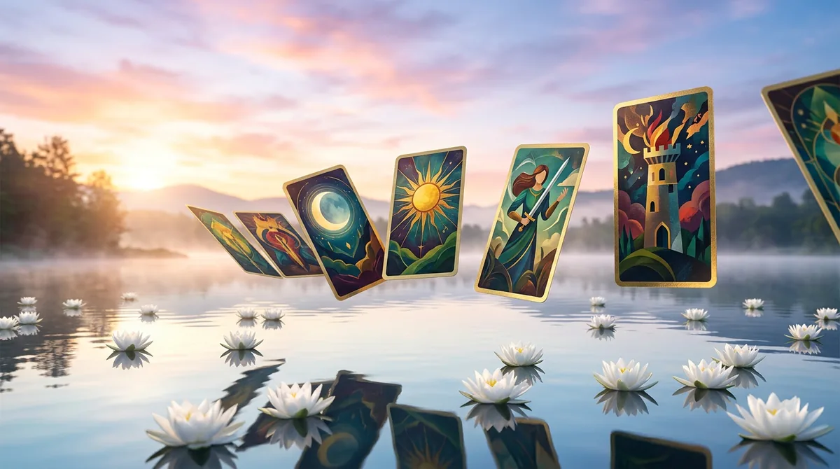Ilustração artística de cartas de Tarô flutuando suavemente sobre águas calmas e flores brancas, simbolizando alívio emocional.