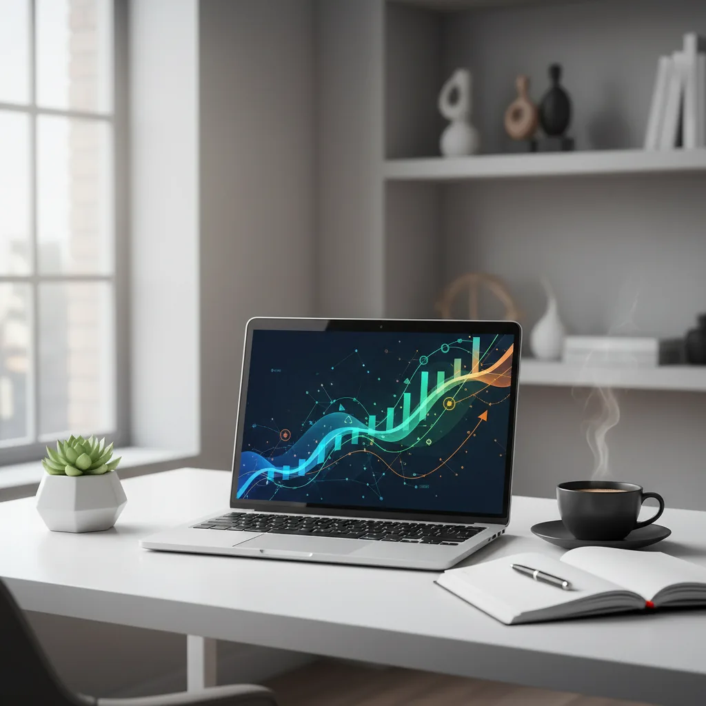 Notebook aberto em uma mesa de madeira com gráficos de ganhos financeiros no monitor, representando renda extra online.