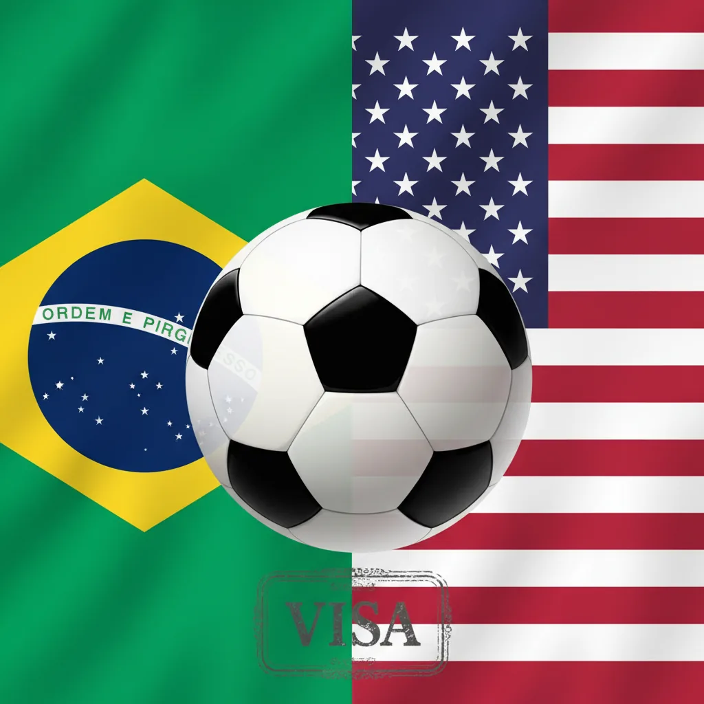 Bandeiras do Brasil e dos EUA divididas, simbolizando a conversa de Lula e Trump sobre o visto americano para jogadores em 2026.