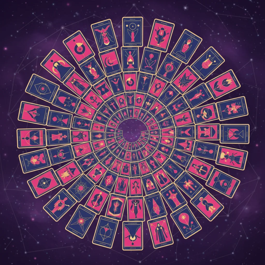 Ilustração representando o que é Tarô, com as 78 cartas do oráculo dispostas em uma espiral mística.