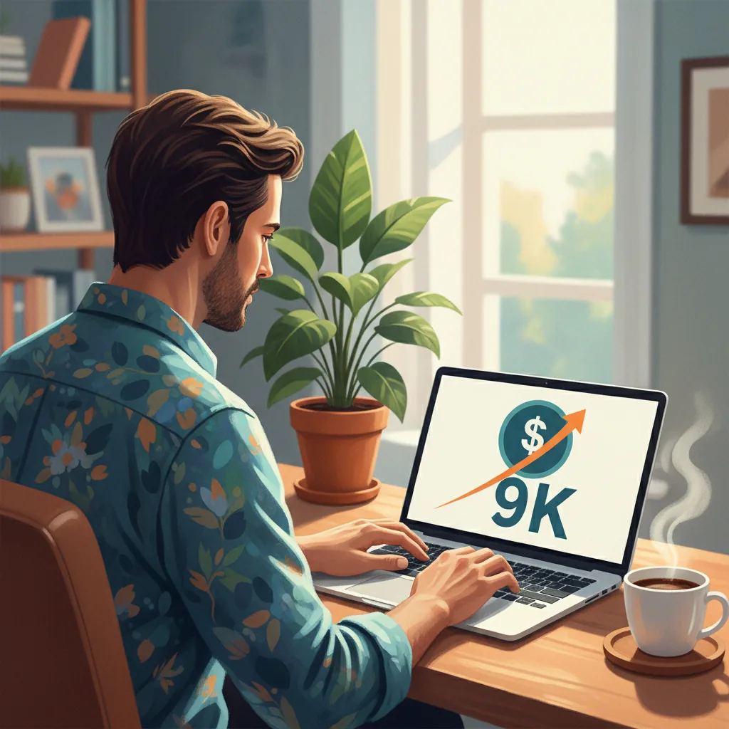 Homem trabalhando em um notebook que exibe um gráfico financeiro com o valor de R$9.000, simbolizando o sucesso com renda extra online.