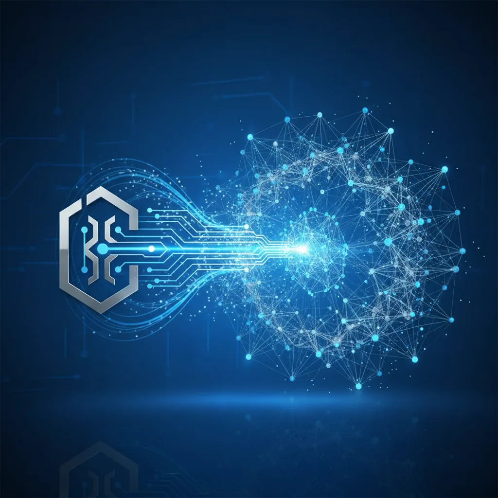 Diagrama abstrato mostrando a conexão entre uma empresa e a inteligência artificial da OpenAI, ilustrando o conceito de AEO e GEO.