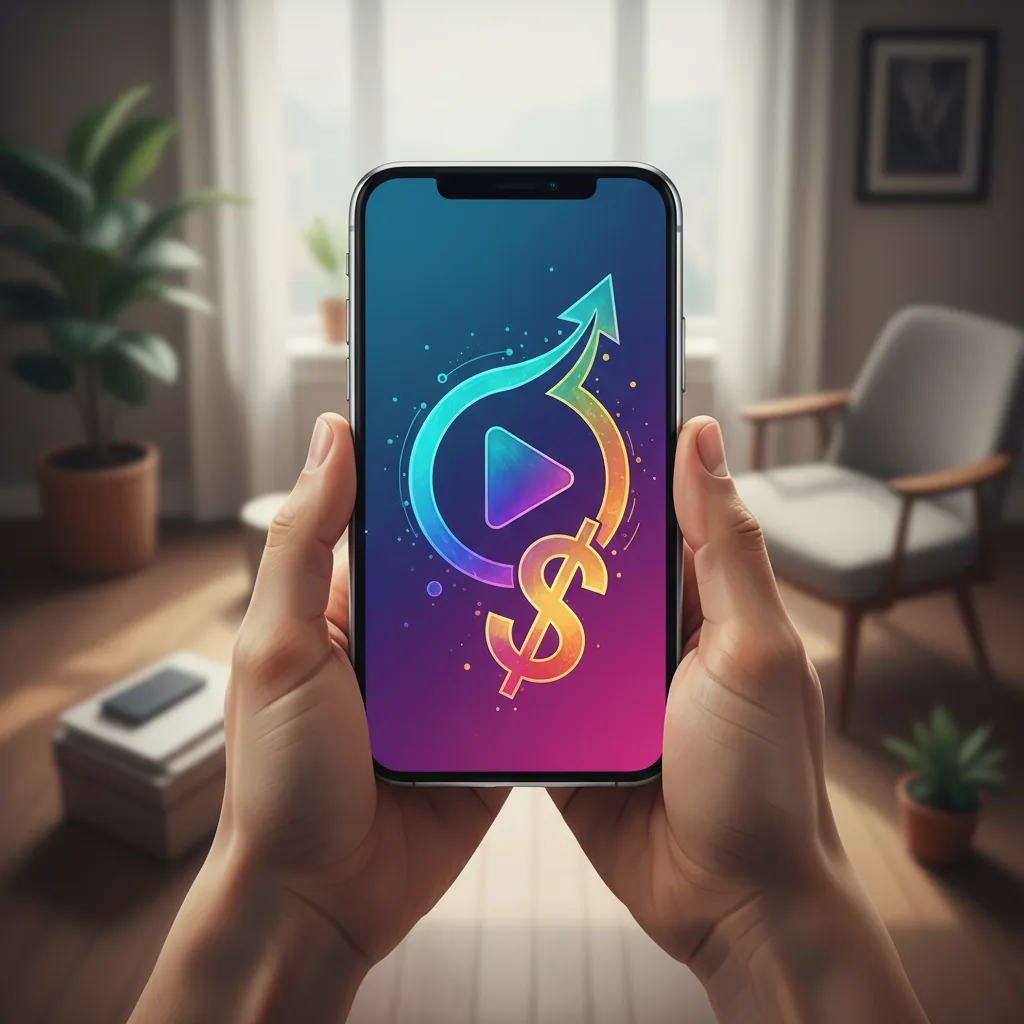 Homem segurando smartphone com ícone de player de vídeo, ilustrando o guia sobre como ganhar dinheiro assistindo vídeos em 2026.