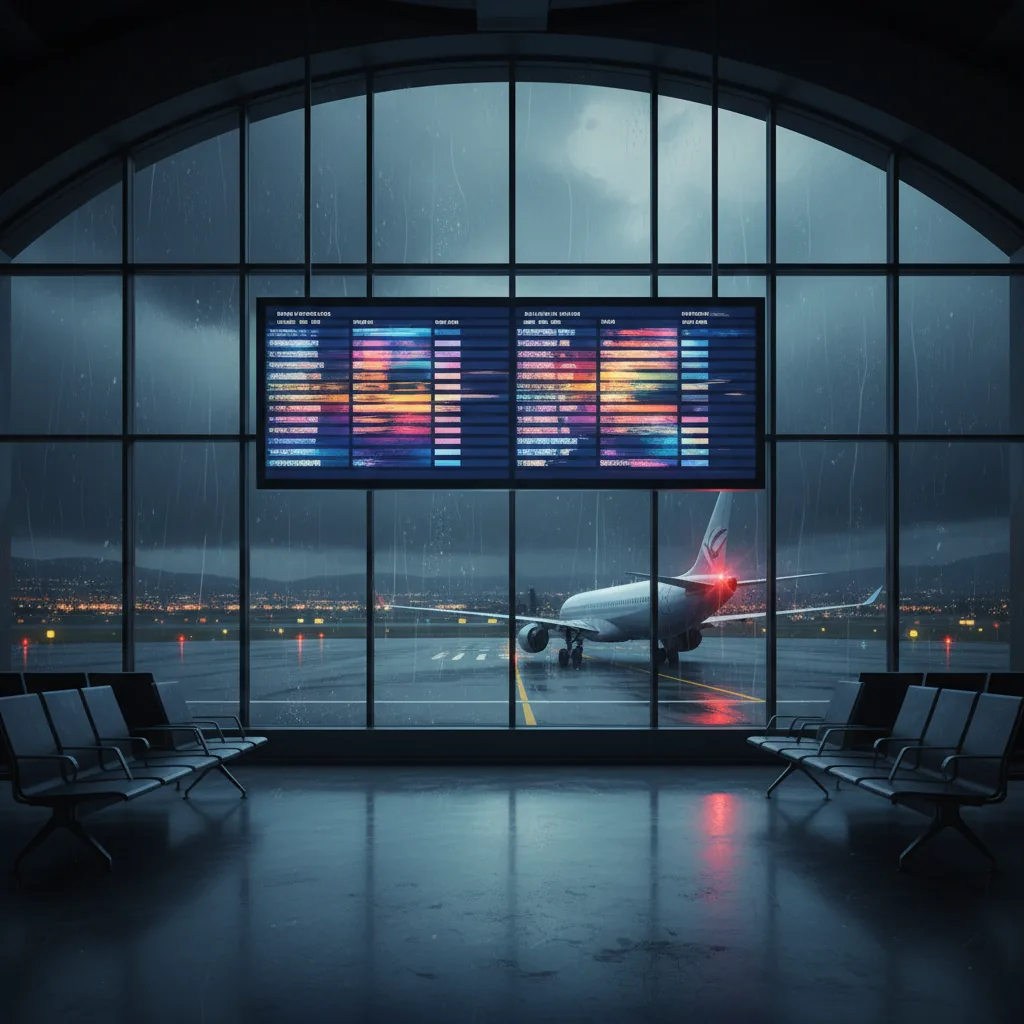 Painel de voos em aeroporto com voos internacionais em risco pelo fim da escala 6x1.